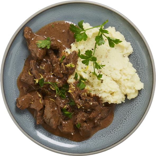 Bøf stroganoff m/ gratineret kartoffelmos